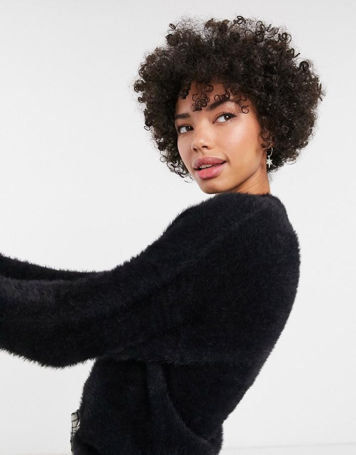 Monki Crew Neck Textured Oversized Sweater In Black