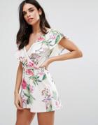 Oh My Love Wrap Frill Romper In Floral Print - White