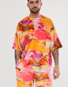 Asos Design Two-piece Oversized T-shirt With All Over Palm Scene Print In Velour - Multi