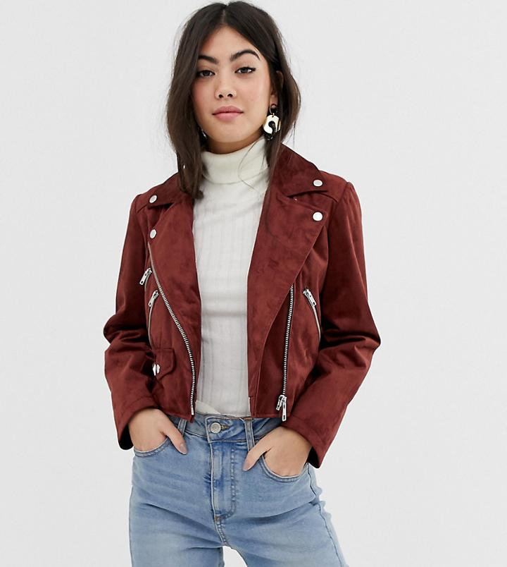 Asos Design Petite Suedette Biker Jacket - Brown