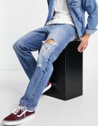 Asos Design Straight Jeans In 'less Thirsty' Mid Wash With Rips-blue