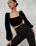 Missguided Long Sleeve Velvet Top In Black