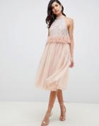 Asos Design Embellished Sequin Tulle Midi Dress With Faux Feather Trim - Beige