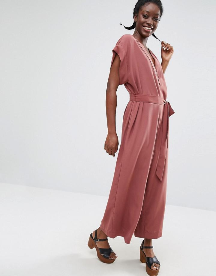 Monki Tie Waist Jumpsuit - Purple