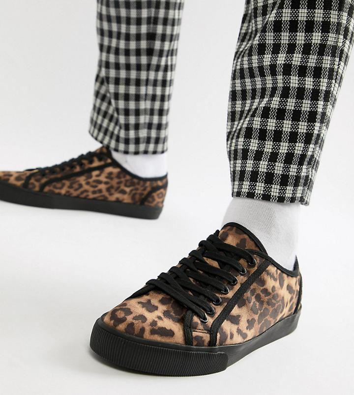 Asos Design Wide Fit Plimsolls In Leopard Print - Black