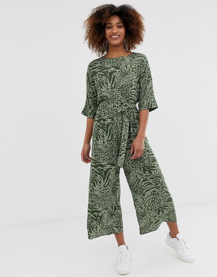 Asos Design Tie Waist Jumpsuit In Animal Print - Multi