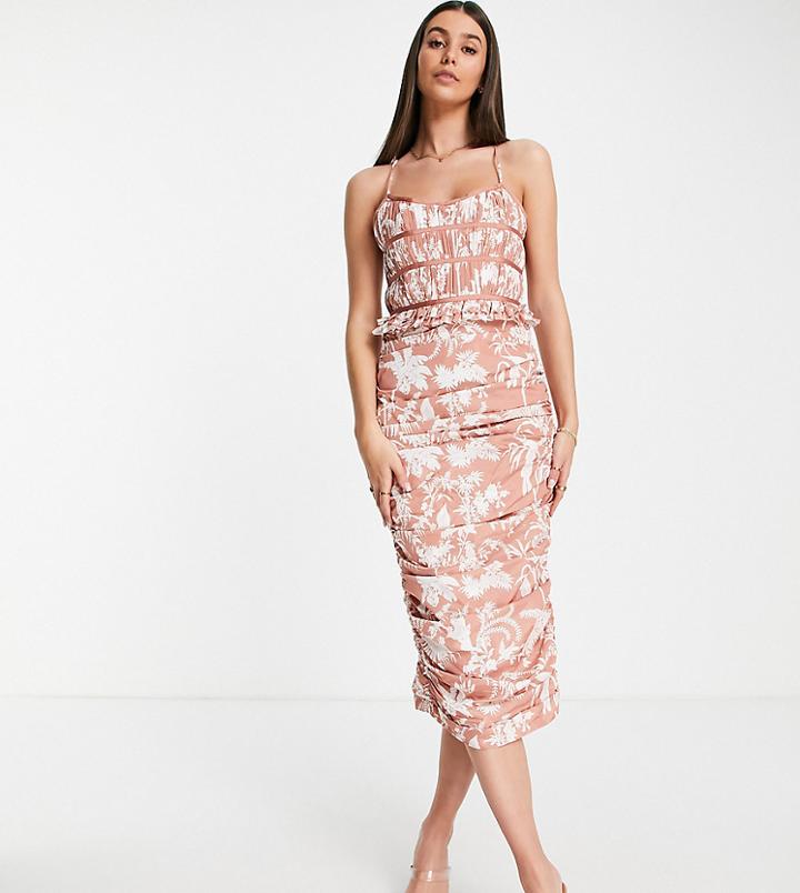Asos Design Tall Ruched Bodice Drape Midi Dress In Print-multi