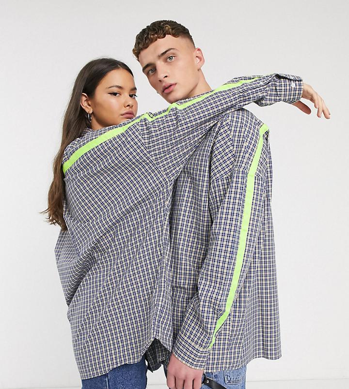Collusion Unisex Drop Shoulder Oversized Check Shirt With Fluro Taping-blue