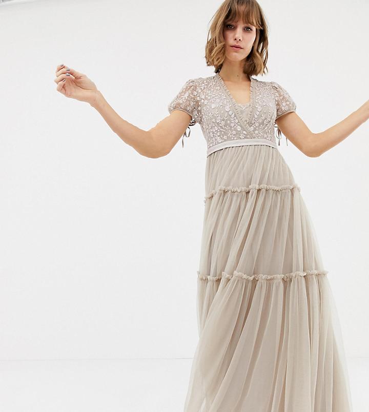 Needle & Thread Embroidered Tulle Maxi Dress With Cap Sleeve In Rose