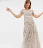 Needle & Thread Embroidered Tulle Maxi Dress With Cap Sleeve In Rose