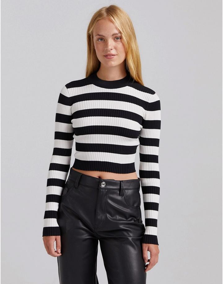 Bershka Fine Knit Striped Sweater In Mono-multi