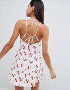 Asos Cherry Print Mini Sundress With Strappy Back - Multi