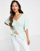 Asos Design V Neck Ruched Front Blouse In Mint-green