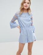Asos Chambray Romper With Embroidered Shirred Sleeves - Multi