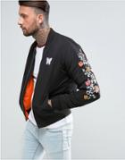 Good For Nothing Bomber Jacket In Black With Embroidered Floral Sleeves - Black