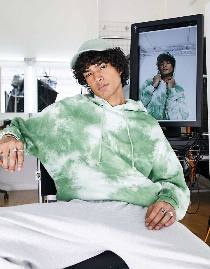 Asos Design Oversized Hoodie In Green Tie Dye