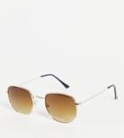 South Beach Hexagonal Sunglasses With Gold Frames And Brown Lens