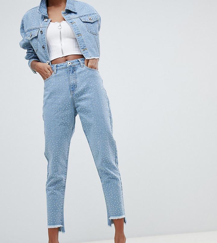 Liquor N Poker Rhinestone Step Hem Mom Jeans - Blue