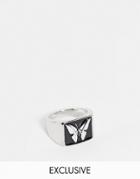 Reclaimed Vintage Inspired Chunky Signet Ring With Enamel Butterly In Silver