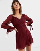 Asos Design Mini Dress With Layered Skirt And Wrap Waist With Lace Trim Detail