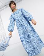 Ghospell Backless Midi Smock Dress In Blue Marble Print-blues