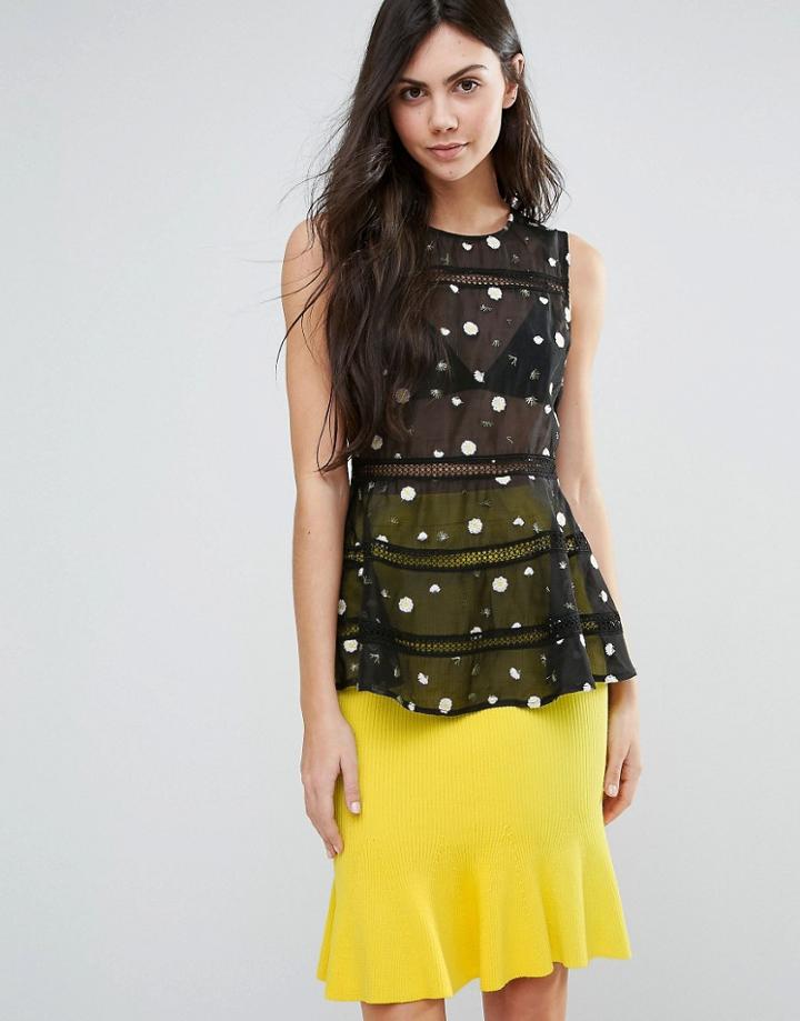 Endless Rose Polka Dot Sleeveless Peplum Top With Mesh Detail - Black