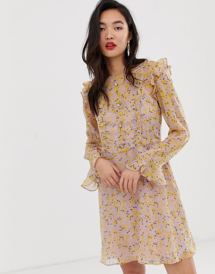River Island Tea Dress With Frills In Floral Print-purple