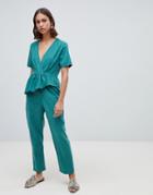 Asos Design Wrap Collar Jumpsuit With Frill Detail - Green