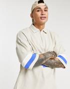 Asos Design Oversized Polo Shirt With Half Sleeves In Beige Rib-neutral