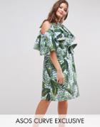 Asos Curve Palm Print Midi Dress With Ruffle - Multi