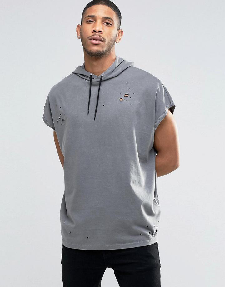 Asos Super Oversized Heavyweight Jersey Hooded T-shirt With Distressing - Gray