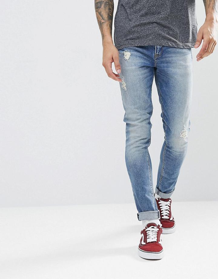 Asos Super Skinny Jeans In Mis Wash Blue With Abrasions - Blue