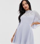 Asos Design Mini Dress With Flutter Cape And Pretty Pearl Embellishment - Multi