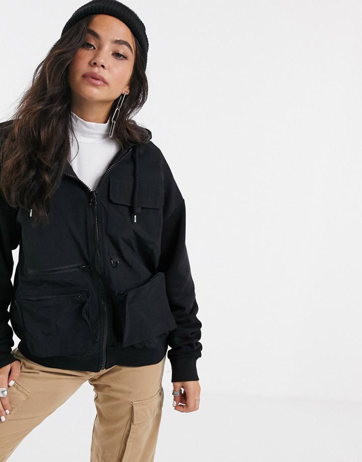 Asos Design Hoodie With Zip And Utility Pockets-black