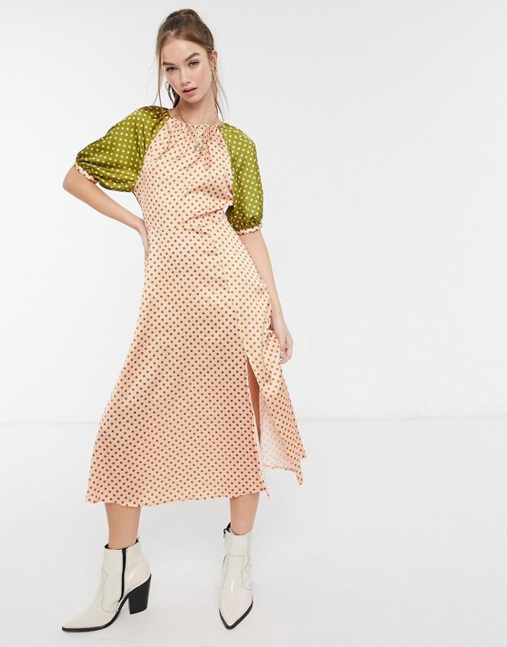 Asos Design Satin Midi Tea Dress In Mixed Polkadot-multi
