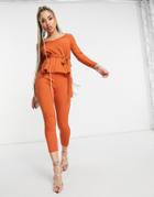 Club L London Ribbed Fitted Pants Set In Orange