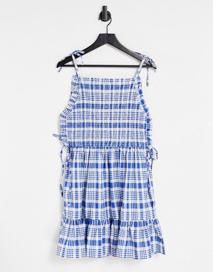 Asos Design Shirred Bodice Cotton Mini Smock Sundress In Blue And White Check Print-multi