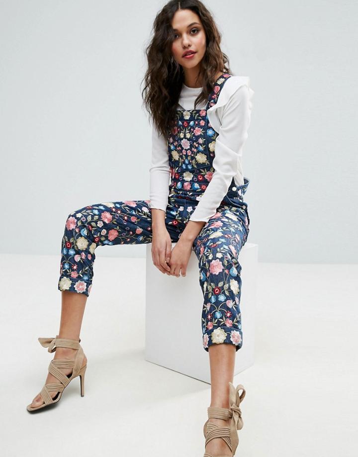 Needle And Thread Floral Embroidery Overalls - Blue