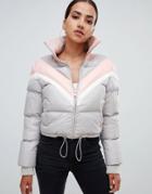 Prettylittlething Color Block Padded Jacket In Gray - Gray