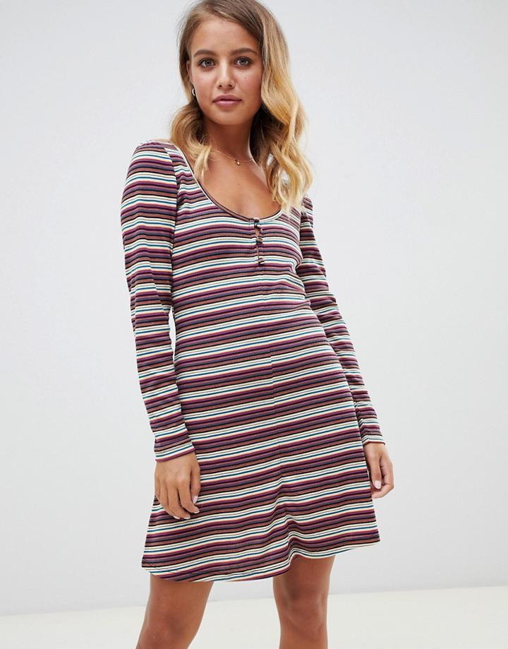 Asos Design Stripe Rib Mini Skater Dress With Button Front-multi