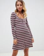 Asos Design Stripe Rib Mini Skater Dress With Button Front-multi