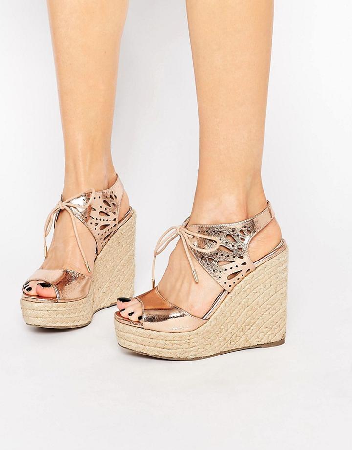 Lipsy Brooke Rose Gold Metallic Tie Up Wedge Sandals - Rose Gold
