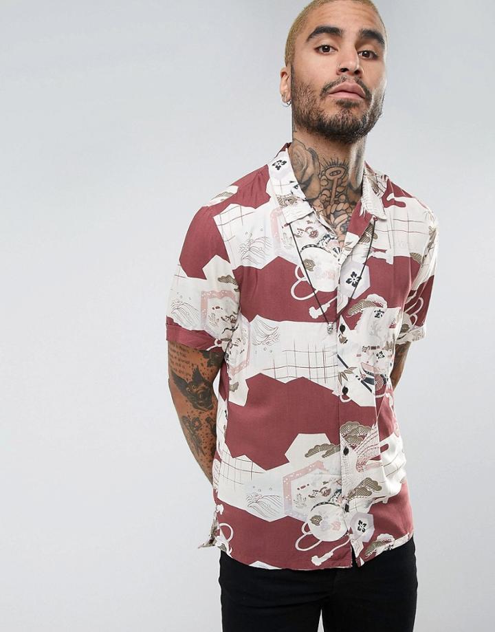 Allsaints Regular Fit Short Sleeve Shirt With Floral Print - Red