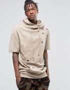 Hand Of God Oil Washed Hoodie With Short Sleeves - Stone