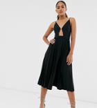 Asos Design Tall Minimal Pleated Midi Dress With Gold Bar Detail-black
