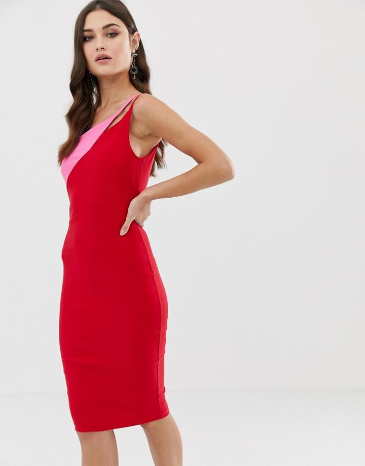 Vesper Cut Out Shoulder Midi Pencil Dress In Contrast Red And Pink - Multi
