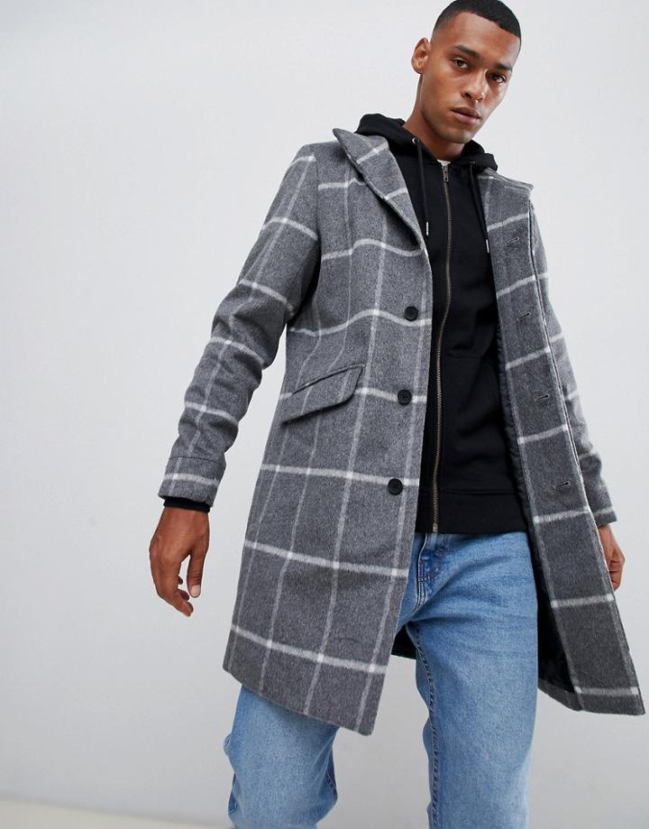 Only & Sons Stand Collar Wool Overcoat In Grid Check - Gray