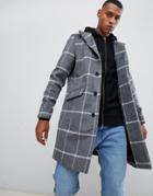 Only & Sons Stand Collar Wool Overcoat In Grid Check - Gray