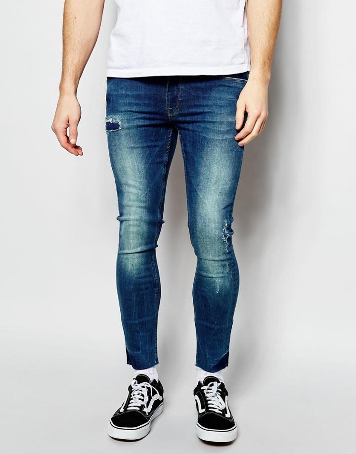 Asos Extreme Super Skinny Jeans In Cropped Length With Raw Hem And Abrasions - Mid Blue
