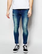 Asos Extreme Super Skinny Jeans In Cropped Length With Raw Hem And Abrasions - Mid Blue